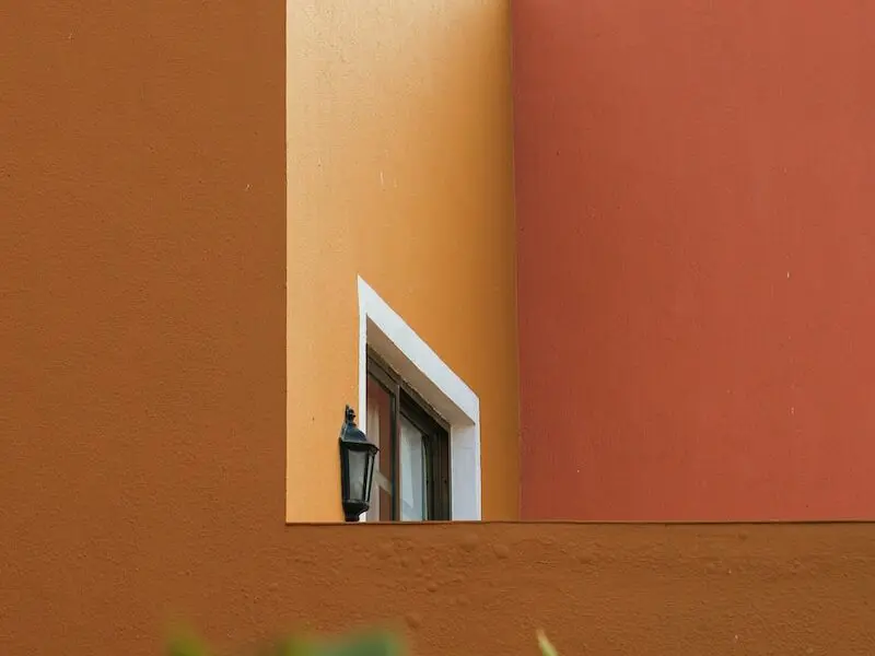 a building with a window and a plant in front of it